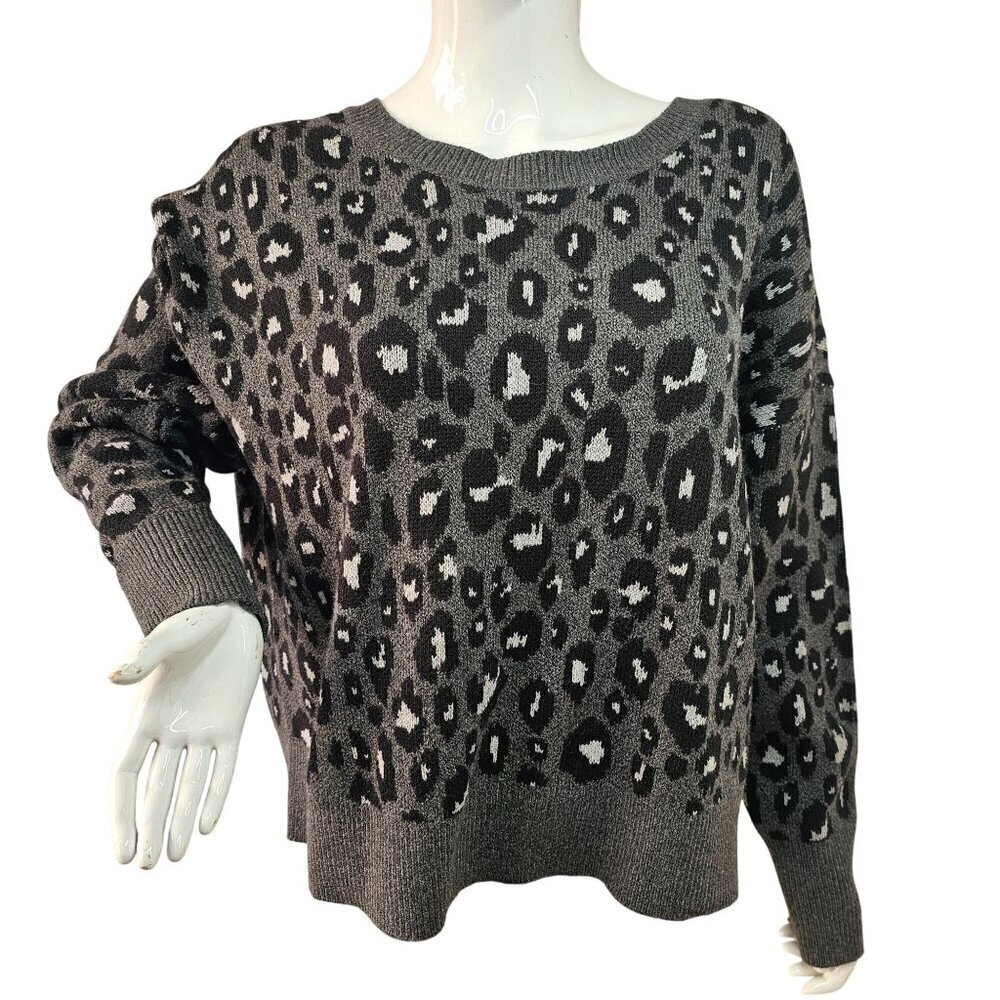 Lucky Brand Animal Print Sweater Women XL Black on Gray Long Slv Cotton Blnd NEW
